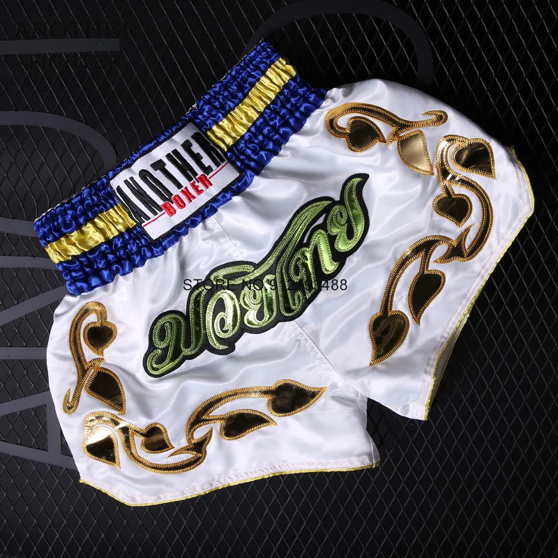 Kick Boxing Shorts White Embroidered Muay Thai Shorts Professional Thailand Muay Thay Kickboxing Pants Boxing Training Clothes