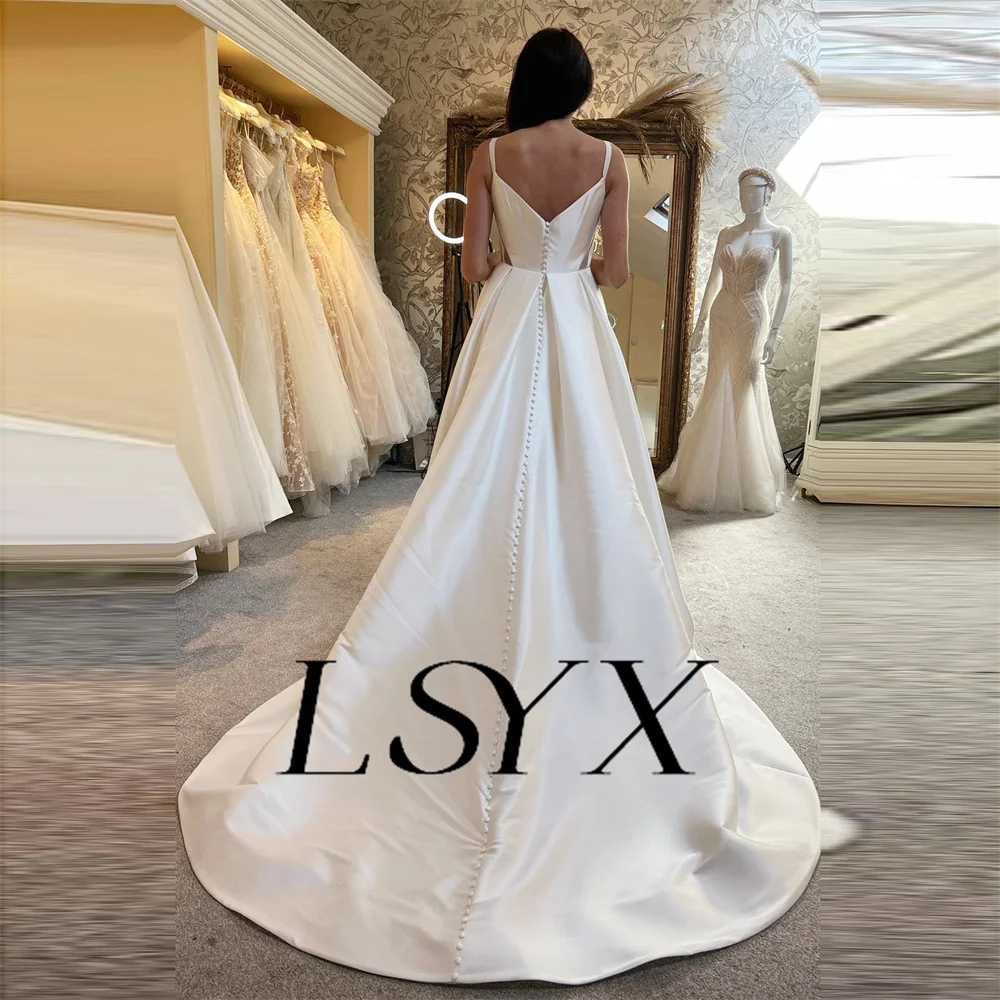 Lsyx Illusion V-Ausschnitt ärmellose Satin A-Linie Brautkleid einfache hohe Seite Schlitz Reiß verschluss zurück Gericht Zug Brautkleid nach Maß