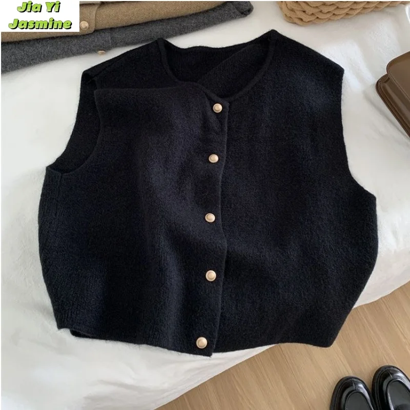 Gentle Style Single Row Small Gold Button Round Neck Knitted Vest Cardigan for Women's Korean Style Sleeveless Camisole Top