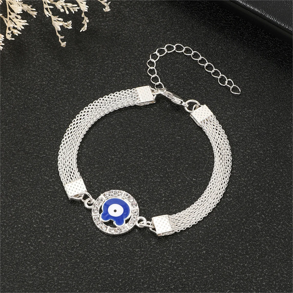 Luxury Turkish Evil Blue Eye Bracelets For Women Men Silver Color Lucky Rhinestone Round Demon Eye Chain Bracelet Party Jewelry