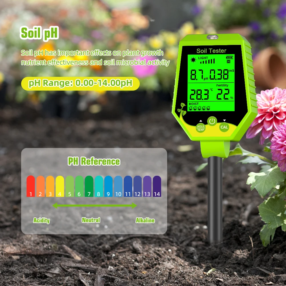 Yieryi Kit tester digitale per l\'umidità del suolo PH/EC/umidità/luce solare/fertilità/temperatura Misuratore PH 6 in 1 per giardinaggio di piante