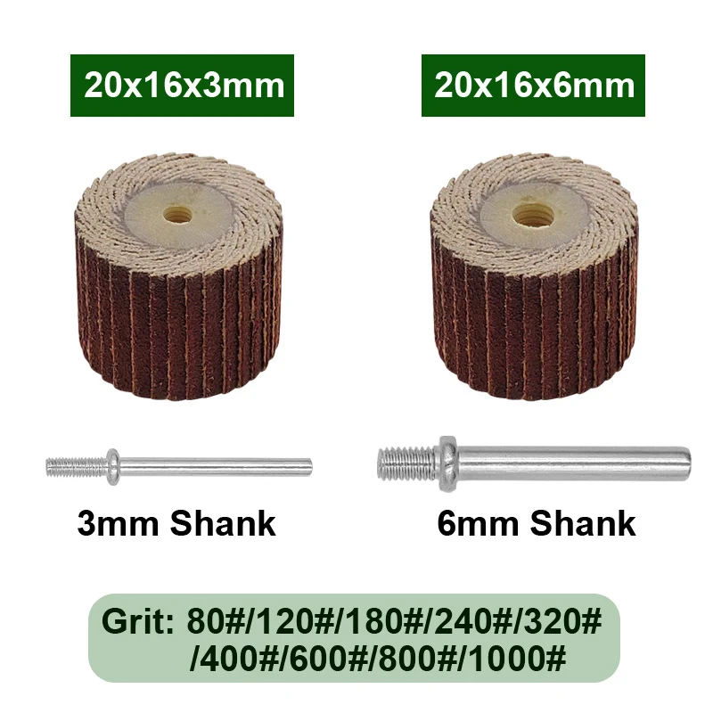 10Pcs 20*16mm Sanding Flap Wheel Set 3/6mm Shank Grinding Wheel Head Sander Abrasive Polishing Sandpaper Rust Removal for Dremel