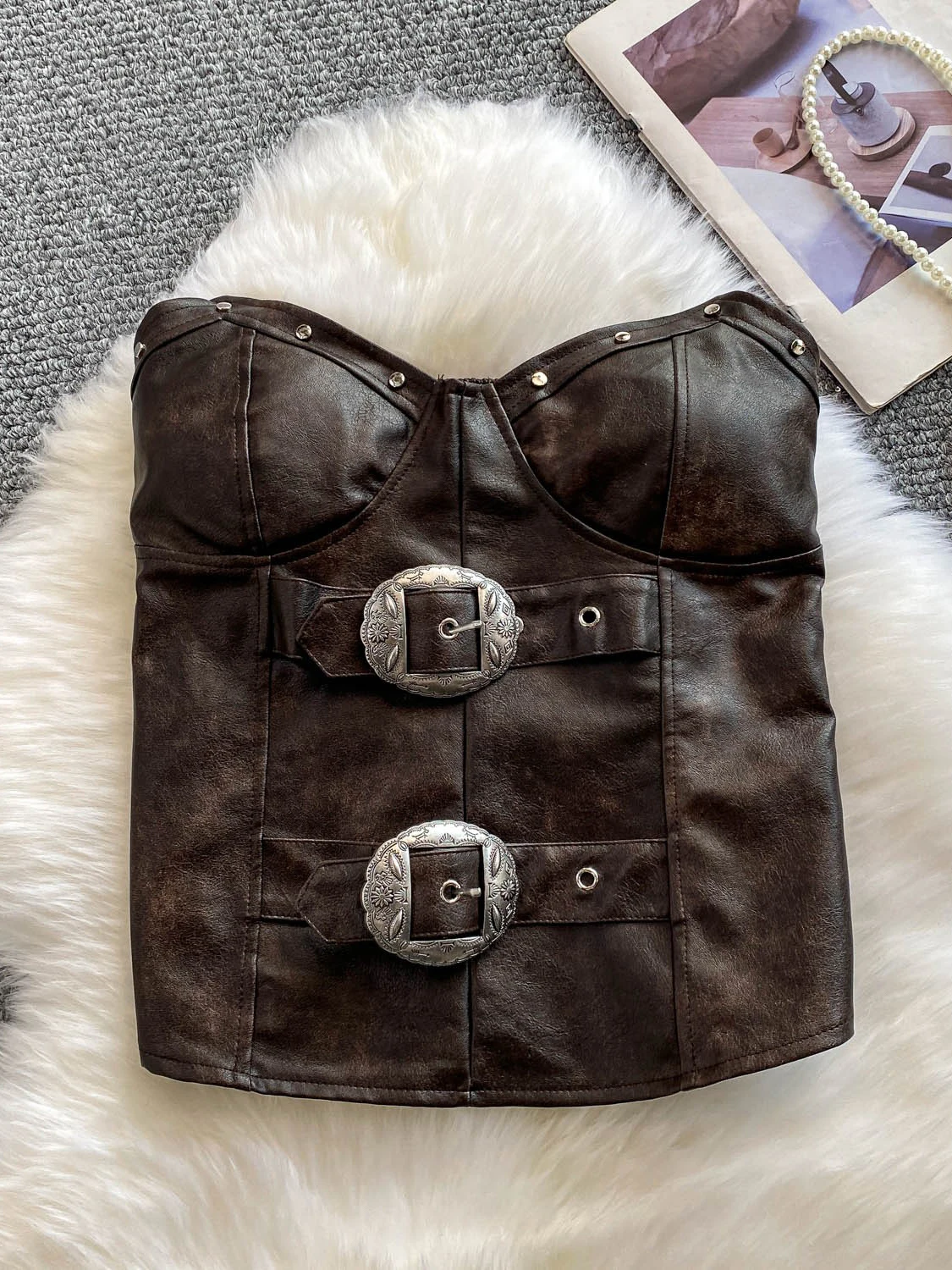 Ele Retro Button-Up Tube Top Vest Donna Dimagrante PU Pelle ort irt Sli High-End Feel Cinese Faion Estate 2025