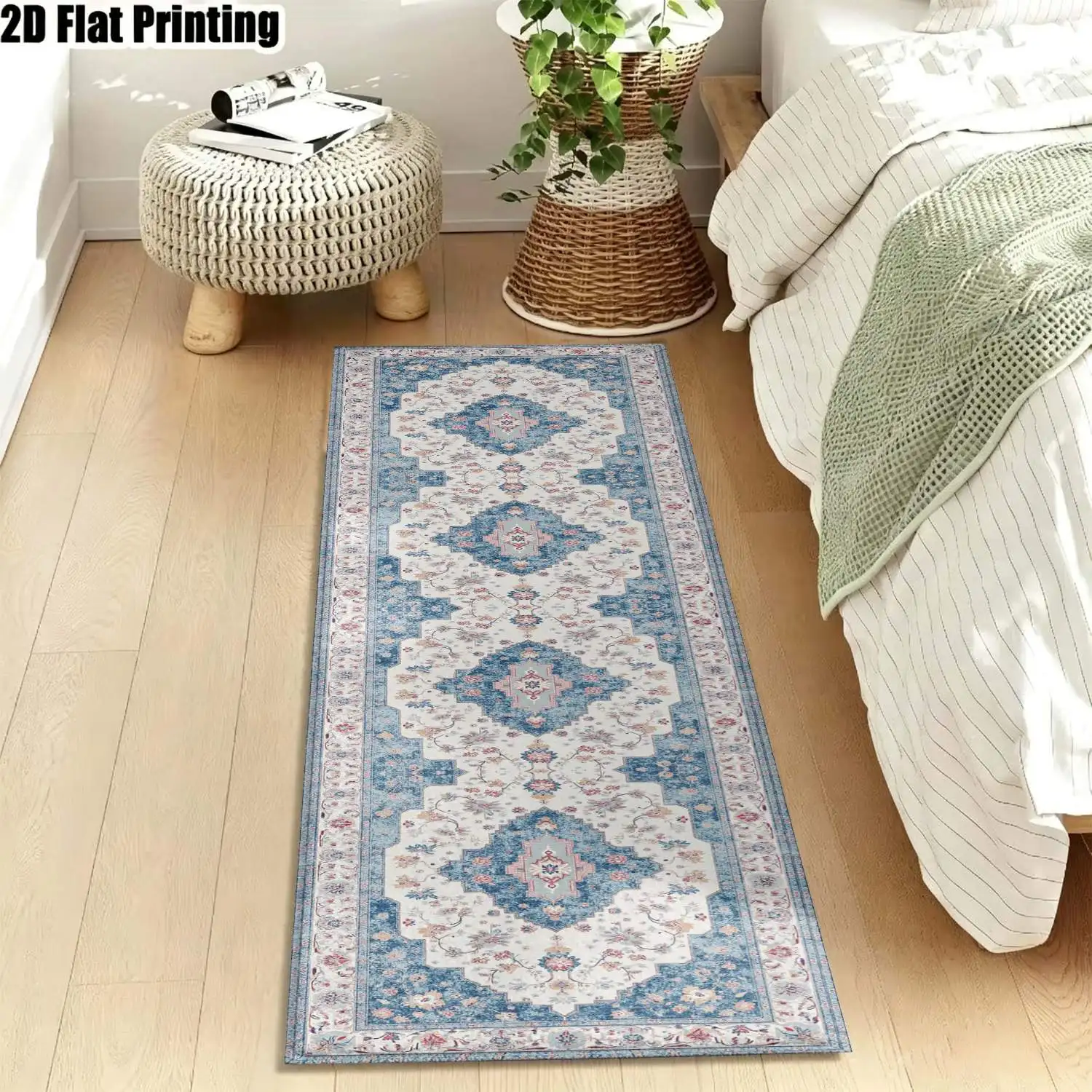 1Pc 2D Printed Long Strip Runner Carpet: Blue White Geometric Pattern, European Retro Style, Machine Washable, Multi-Size, for Entrance, Corridor, Living Room, Bedroom Home Decor