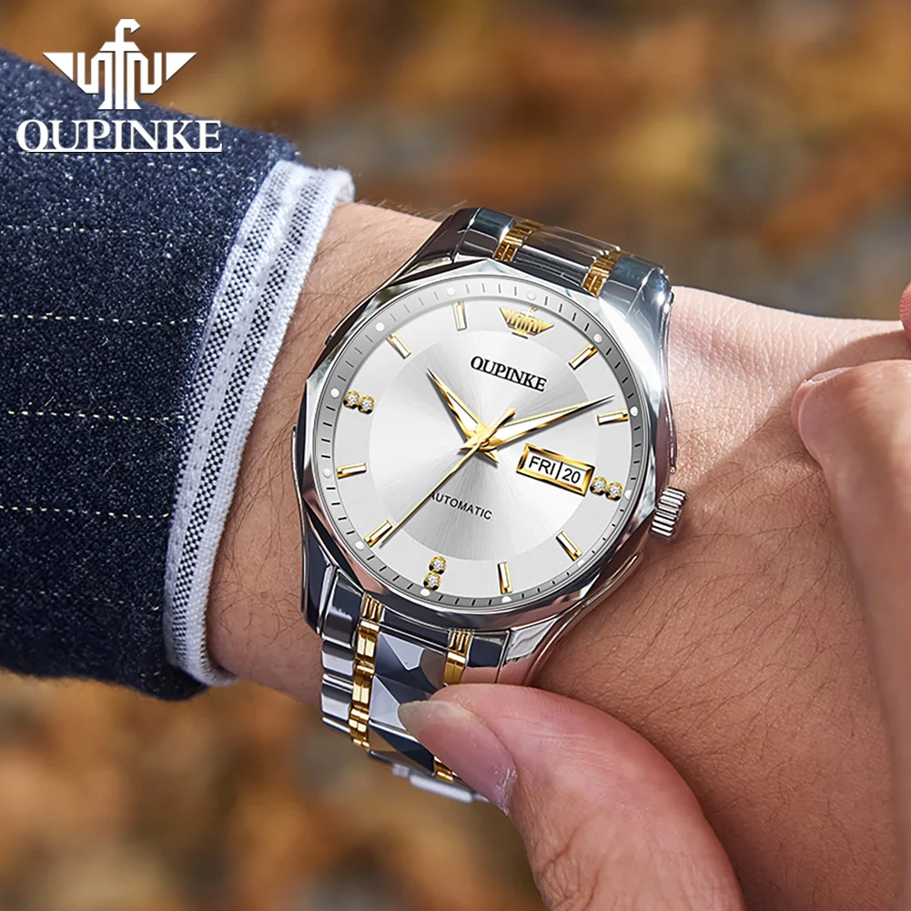 OUPINKE Men's Watches 3295 Luxury Business Original Automatic Mechanical Watch for Man Tungsten Steel Sapphire Mirror Date Week