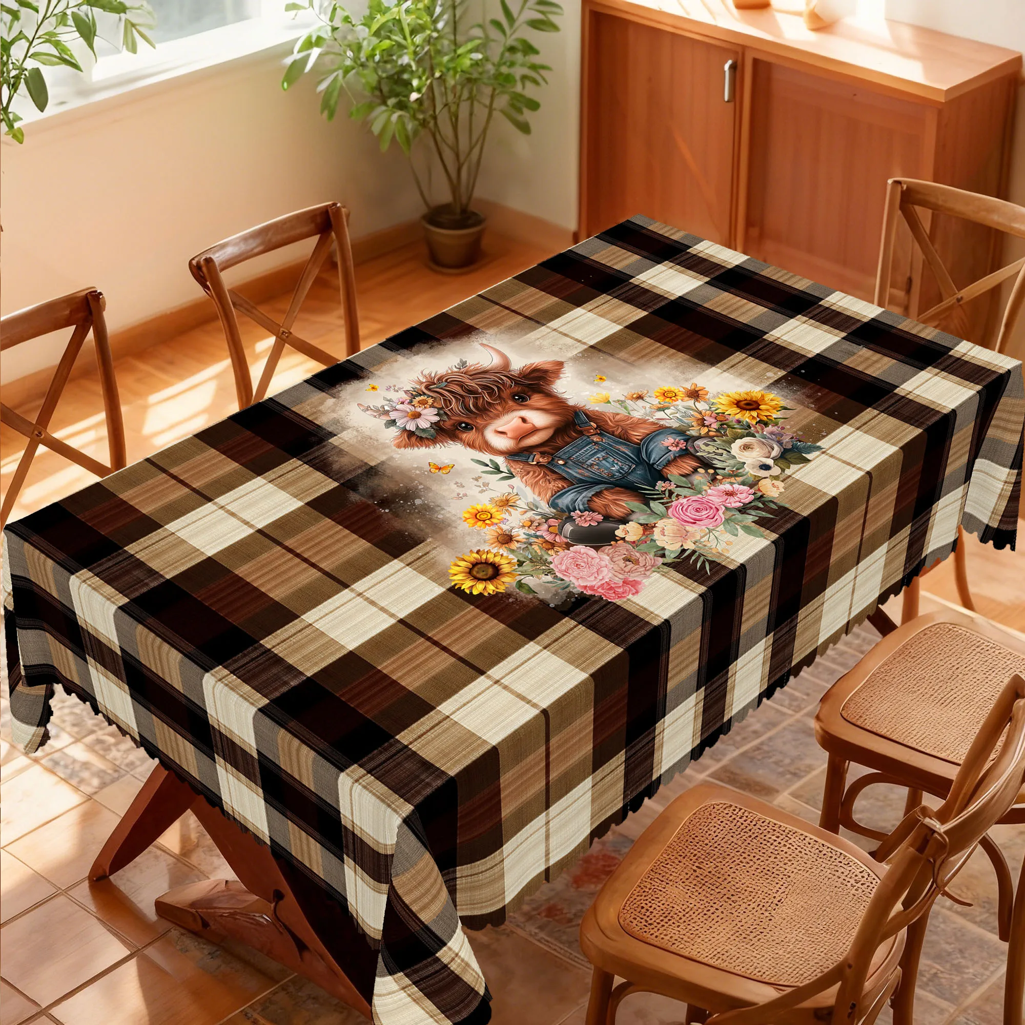 1 Piece of Soft and Cute Calf-Themed Round and Rectangular Tablecloth, Available in Various Sizes, Featuring Soft and Cute Highland Calves Intertwined with Sunflowers and Roses, Paired with a Printed Tablecloth with Vintage Plaid Accents, with Embossed Edges, Suitable for Home Dining Tables, Patio Gardens, and as a Pastoral Style Home Decoration for Spring and Summer