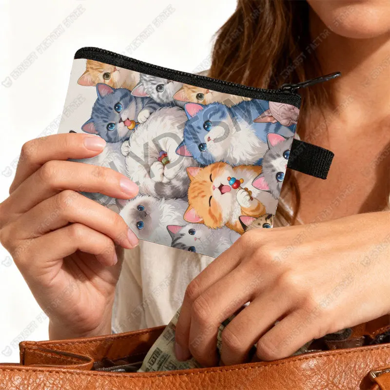 Cute Watercolor Painting Cats Print Coin Purse Money Bag Credit/ID Card Earphone Holder Coin Bag Zipper Pouch