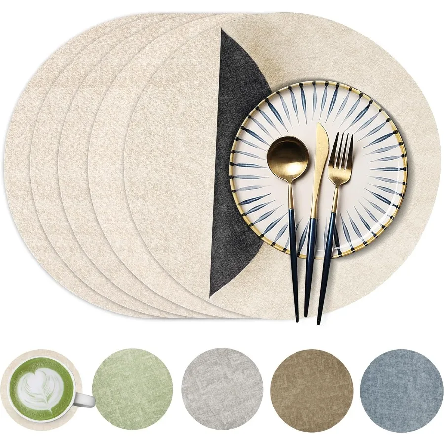 

13-дюймовые круглые салфетки из искусственной кожи, набор из 6 водонепроницаемых противоскользящих двусторонних ковриков для столовых приборов, термостойкие моющиеся настольные коврики с
