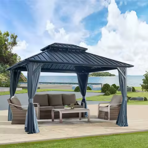 10x12ft Double Roof Gazebo w/ Netting &amp; Curtains - Aluminum Frame for Patio, Backyard &amp; Deck