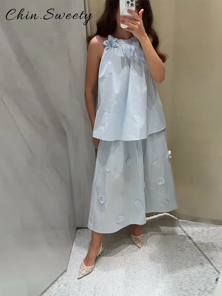 Moda 3d decalque saias longas define feminino solto o-pescoço sem mangas colete cintura elástica a linha saia plissada 2025 verão senhora ternos