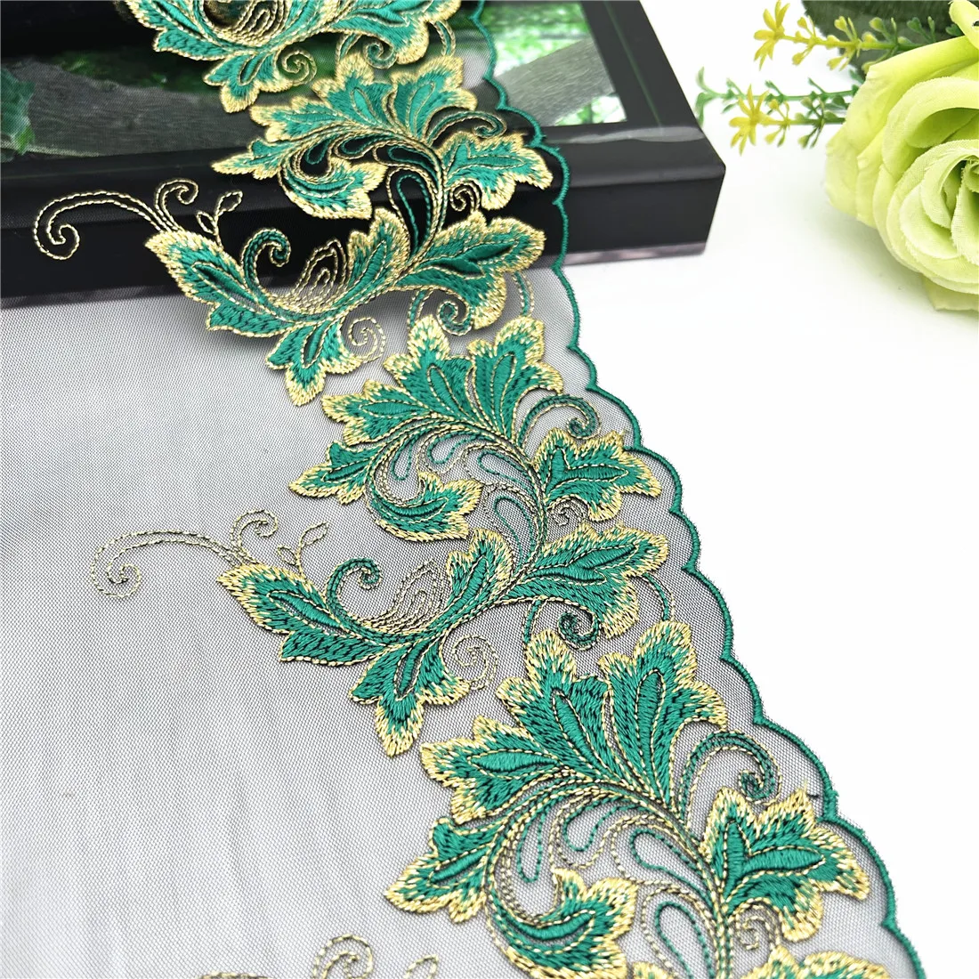 3y/lot Width 19cm Black Green Golden Shimmer Embroidery Lace Trim For Skirt Hem Clothes Sewing Material DIY Apparel Dress Fabric