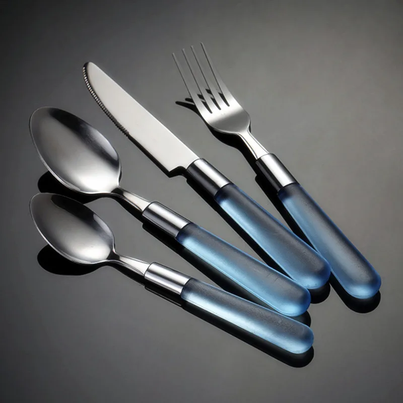 Creative Cutlery Set with Plastic Frosted Handle Stainless Steel Western Spoon Knife Fork Dinnerware Tableware Kitchen Utensils