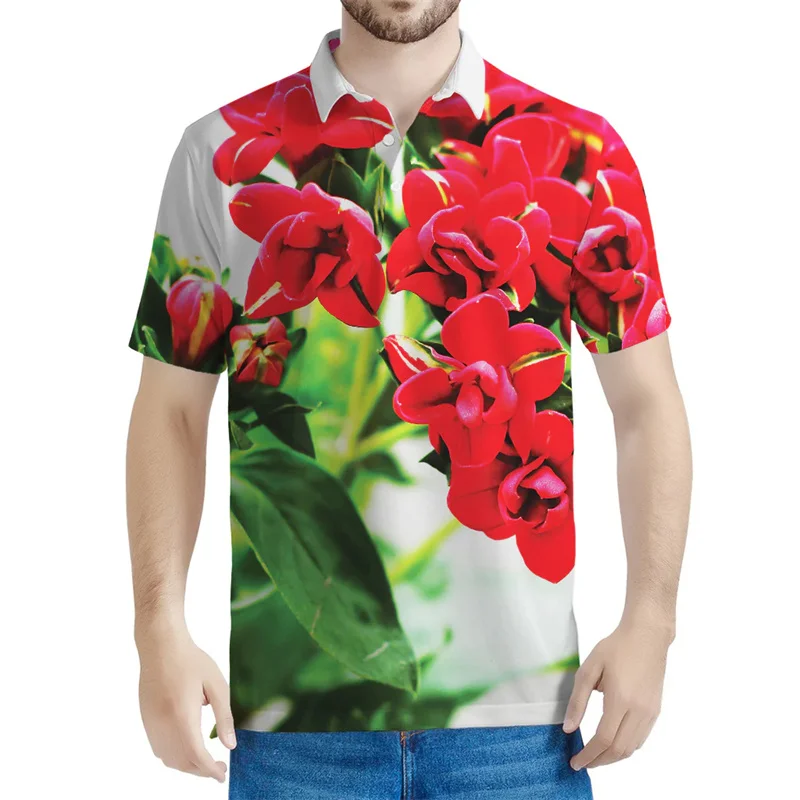 Polo Bouvardia Plants para hombre y mujer, camisa con estampado 3D de flores, manga corta, informal, de calle, de gran tamaño, Verano