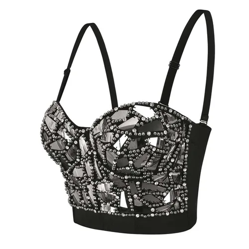 Imagen 2 del producto Diamantes grises y sujetador Punk Rave con cuentas para mujer, Bralette Sexy, sujetador de realce, Top y2k, sujetadores góticos, ropa de fiesta para discoteca