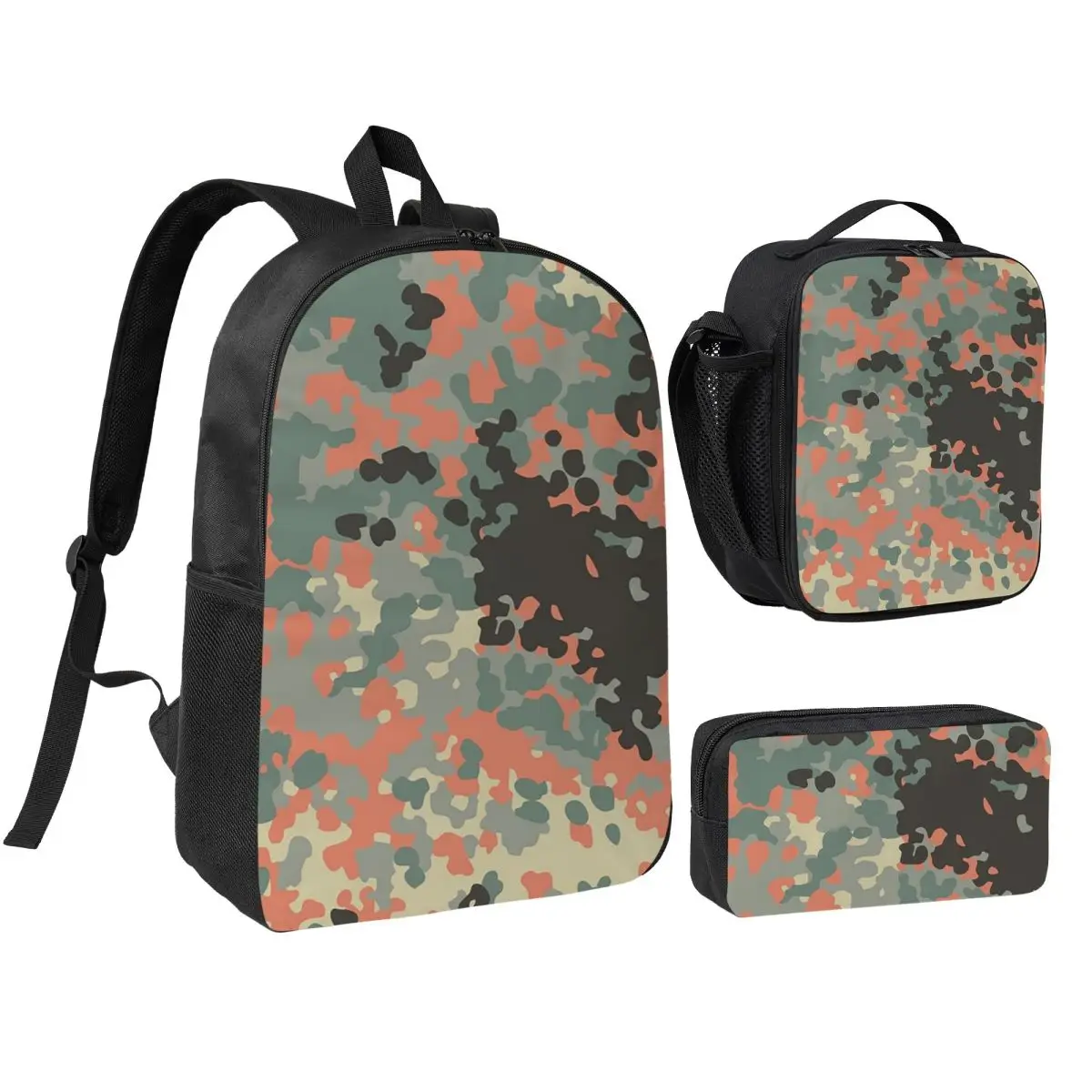 

German WW2 Camouflage Army Military Camo Backpack Student BookBag School Bag Shoulder Bags 3ps Insulated Lunch Bag Pencil Case