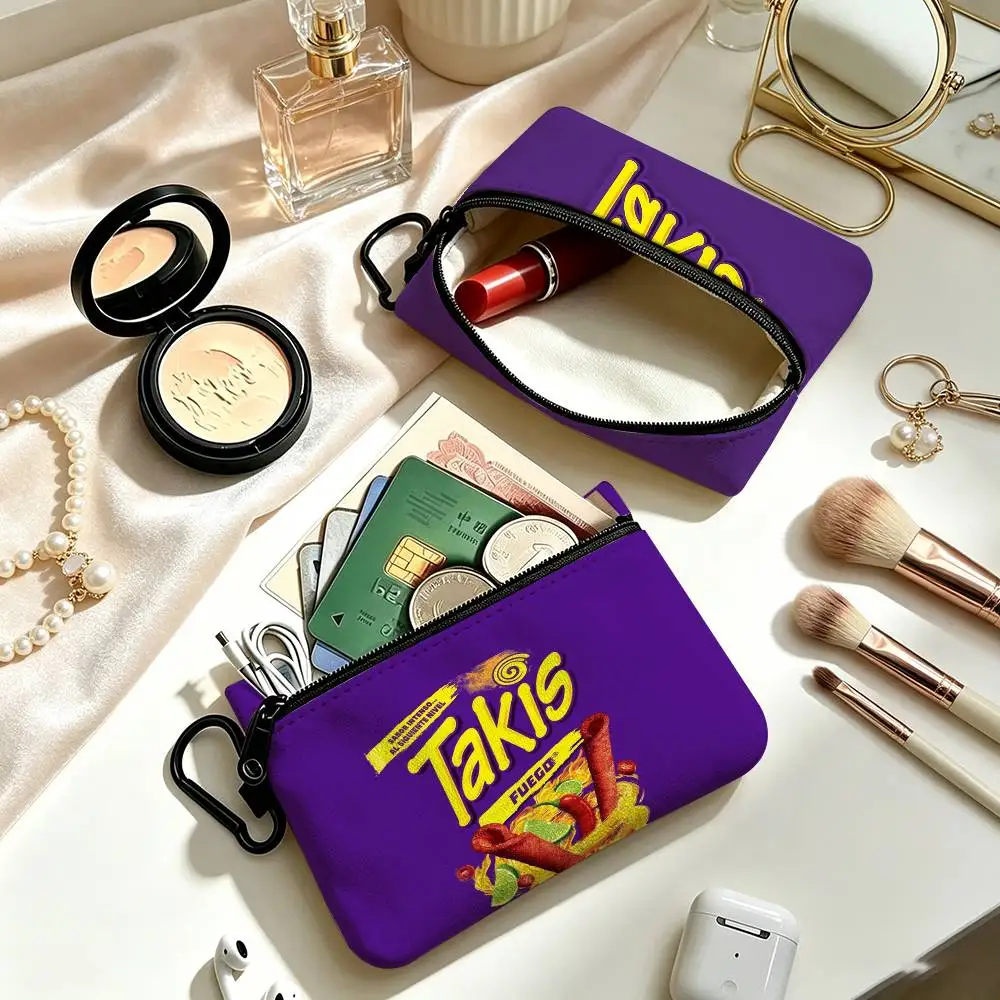 Chili Pattern T-Takis Chips  Portable Oxford Fabric Mini Wallet Carabiner Design Small Coin Bag For Cards Keys Earphones