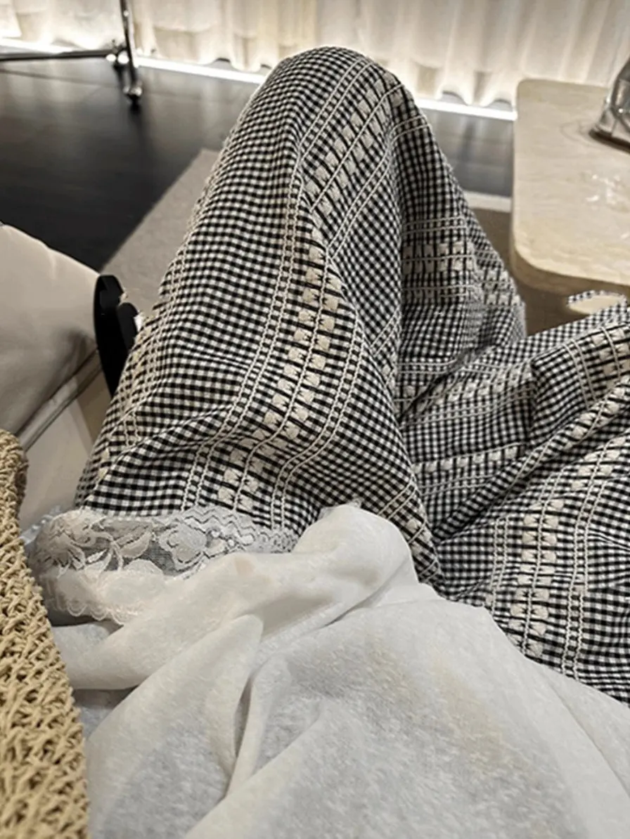 Laid-ba Koreaanse wijde pijpen broek retro ruit casual rechte snit zomer 2025 nieuwe dames hoge taille katoenmix broek