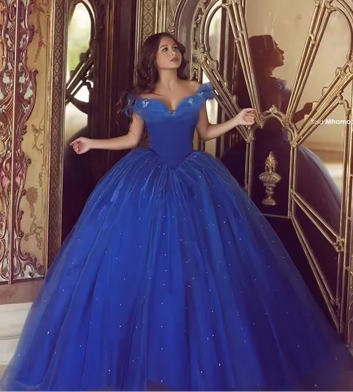 

Cinderella Royal Blue Quinceanera Dresses Ball Gown Off The Shoulder Puffy Tulle Beaded Party Sweet 16 Dress