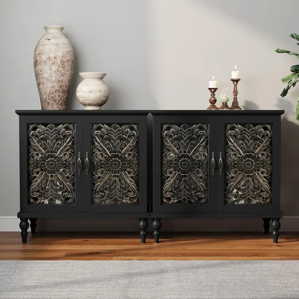 

Accent Cabinet with 2 Doors, Vintage Carved Wood Storage Cabinet, Set of 2, Sideboard Buffet Cabinet with Storage