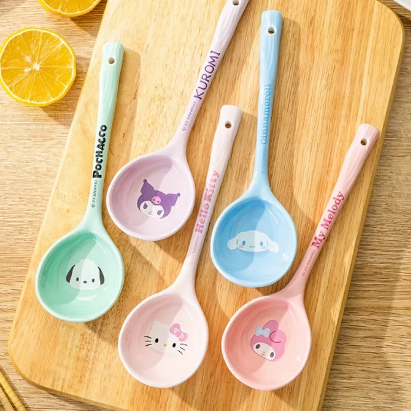 

Sanrio Cinnamoroll Hello Kitty Anime Ceramic Long Handle Spoon Cute Cartoon My Melody Household Soup Spoon Tableware Girls Gift