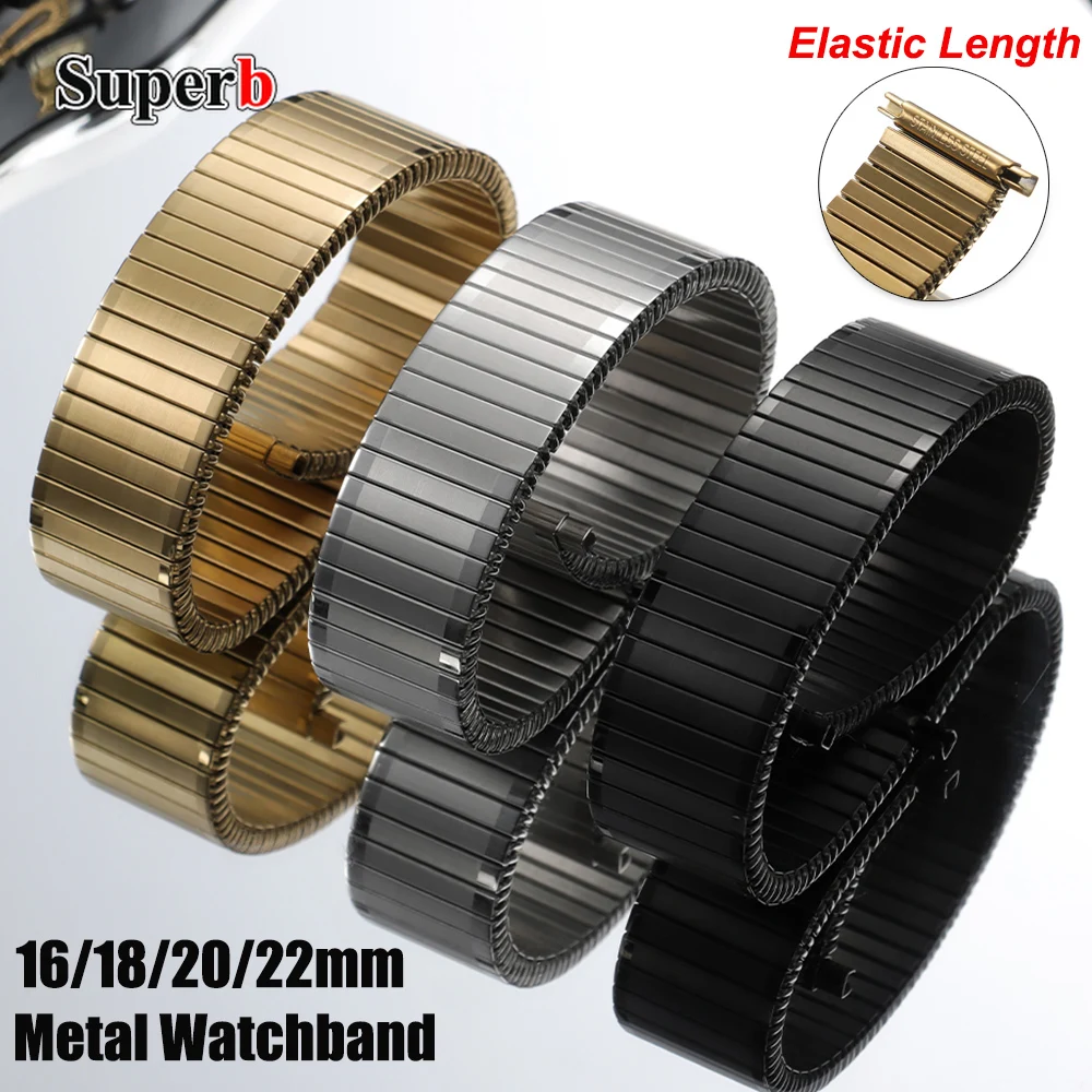 

16mm 18mm 20mm 22mm Stainless Steel Elastic Stretch Strap Metal Expansion Silver Gold Watch Band Wristband Bracelet with Tool