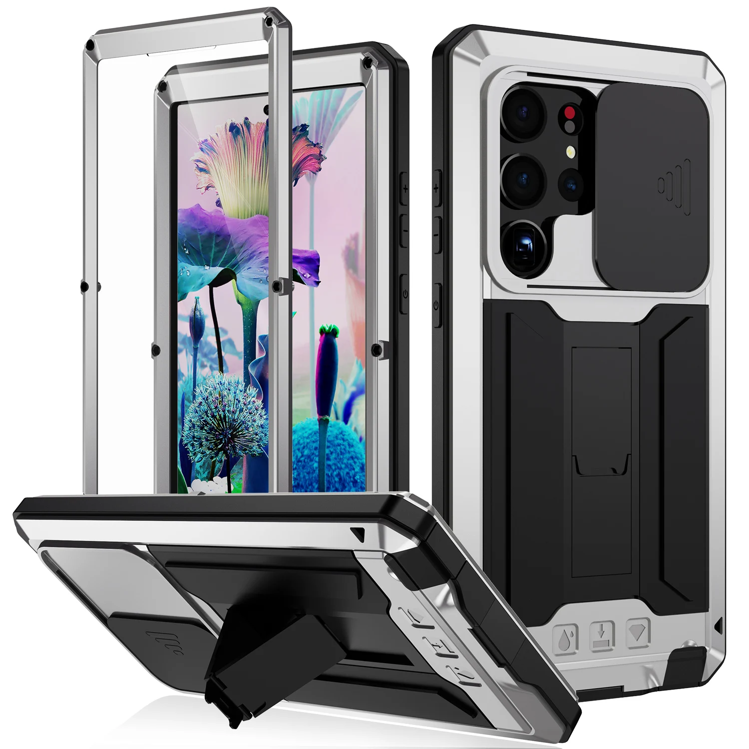 360 Protection Heavy Metal Armor Case For Samsung Galaxy S23 S22 Ultra Shockproof Stand With Glass Film Case Camera Lens Fundas