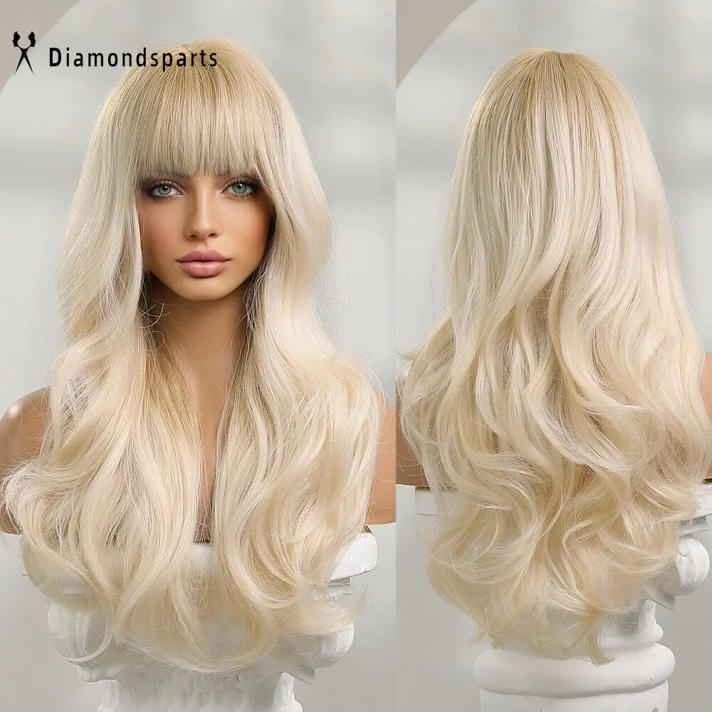 Women Fanshion Wig Long Wavy Platinum Blonde Hair Wigs with Bangs Daily Use US