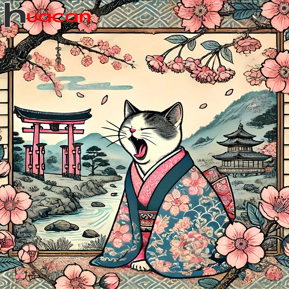 Huacan New Arrivals 2026 Diamond Painting Cat Cherry Blossoms Diamond Mosaic Animal Landscape Complete Kit Craft Kit