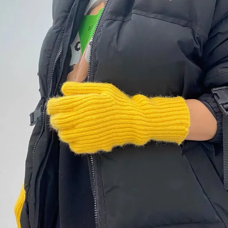 yellow Mittens Women Winter Warm Thickening Gloves Touch Screen Knitted Thicken Stretch Gloves Full Finger Outdoor Skiing Gloves