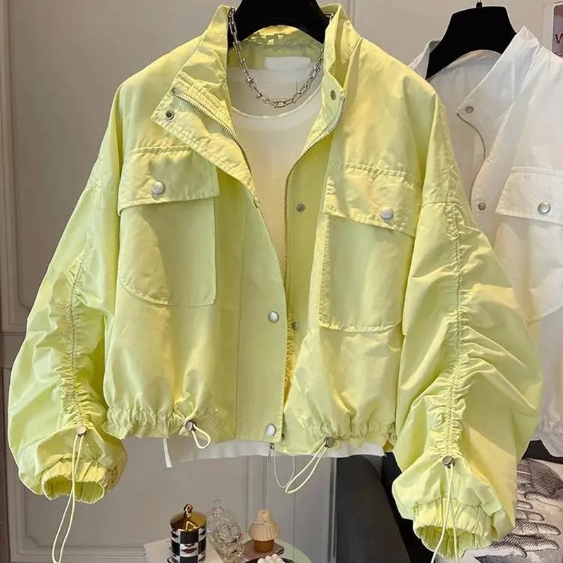 

Spring Autumn Oversized Casual Waterproof Candy Colors Windbreaker Womens With Long Sleeve Hood Drawstring Zipper Cargo Jacket
