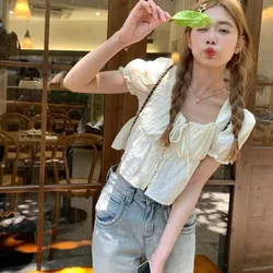 Lace Shirts and Blouses Korea Summer Elegant and Youth Woman Blouses Square Collar Top Short Sleeve Puff Ruffles Clothes 2024