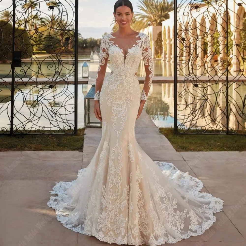 

Sexy Deep-V Mermaid Women Wedding Dresses Customized Elegant Lace Print Long Sleeves Tulle Bride Gowns Embellishments Robe 2026