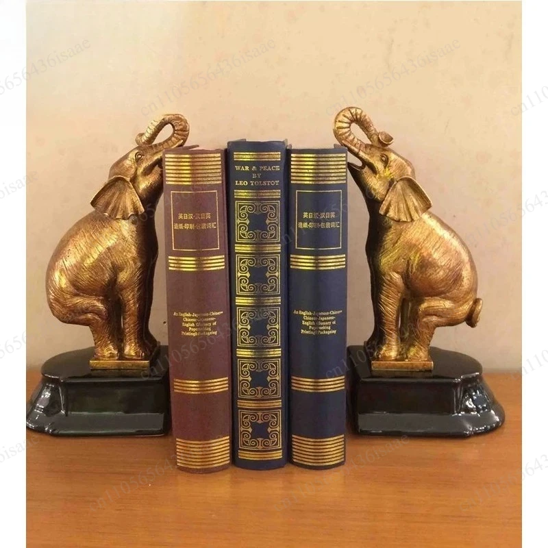 Pure Copper Elephant Bookends with Marble Base, European Luxury Desk Bookshelf Decor Statue