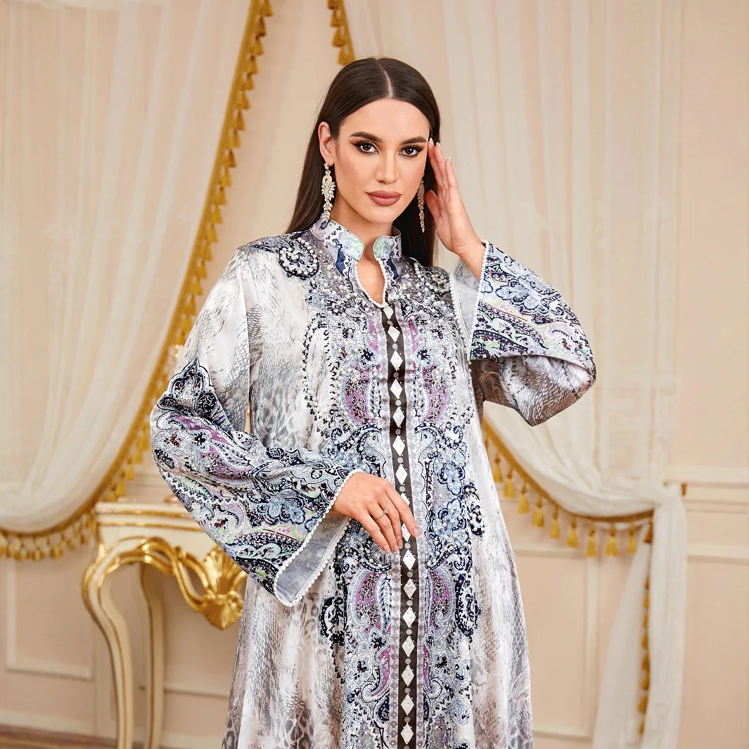 عباية عيد نسائية مطبوعة فساتين جلابية إسلامية حفلة رمضان رداء طويل عبايات لؤلؤ المغرب دبي قفطان عربي إسلام فيستدوس
