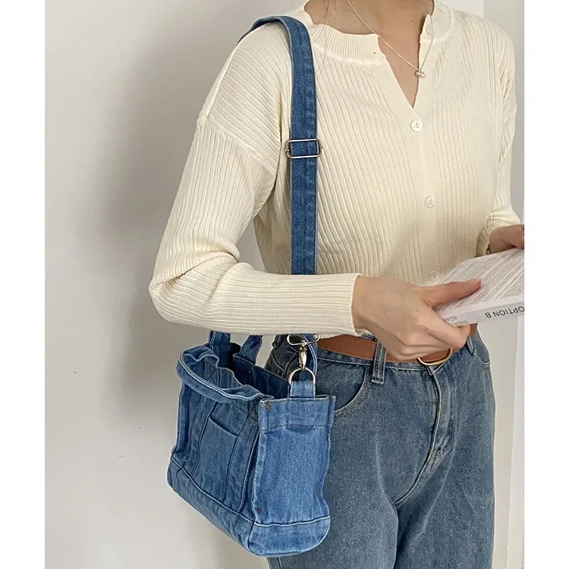 Vintage Denim Large Capacity Women\'s Shoulder Bag Fashion Solid Color Ladies Messenger Bags Simple Square Female Tote Handbag