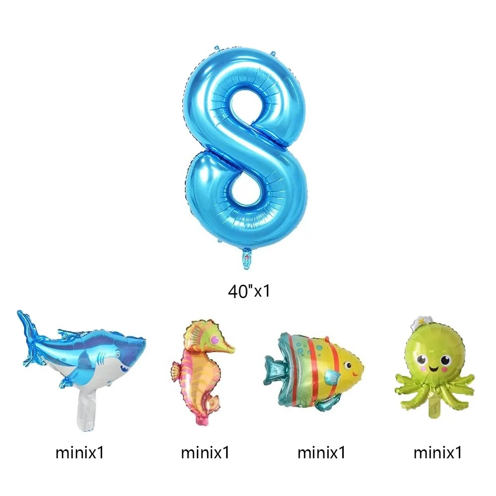 5 stücke Mini Meerestiere Luftballons Set 40 zoll Blau Nummer 0-9 Ballon Octopus Seepferdchen Fisch Folienballons Geburtstag Party Dekoration – Detail 2
