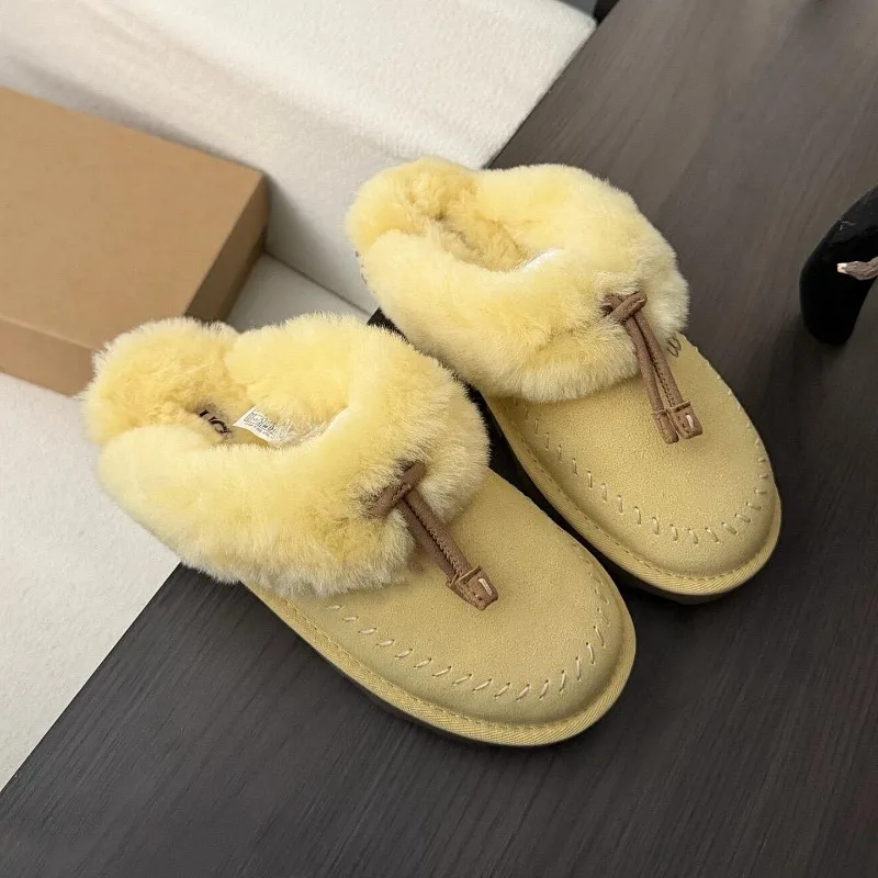 New Winter Slippers with Thickened Fur Lining, Over-the-Waterproof Leather and Fur Semi-Slipper