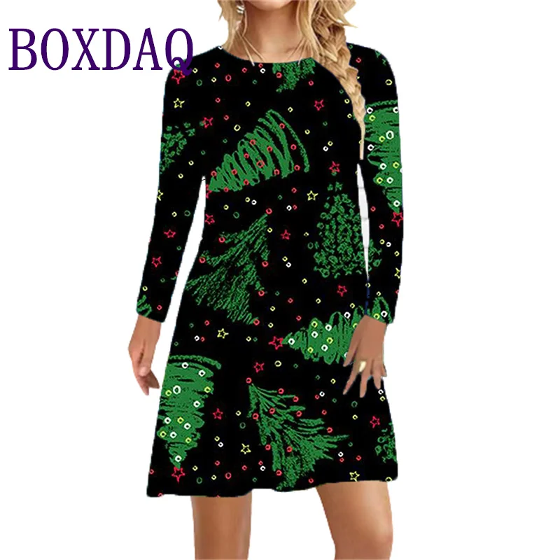 

Christmas Tree Print Christmas Dress Women Casual Loose A-line Dress Autumn Winter New year Party Dress Gift Christmas Dress