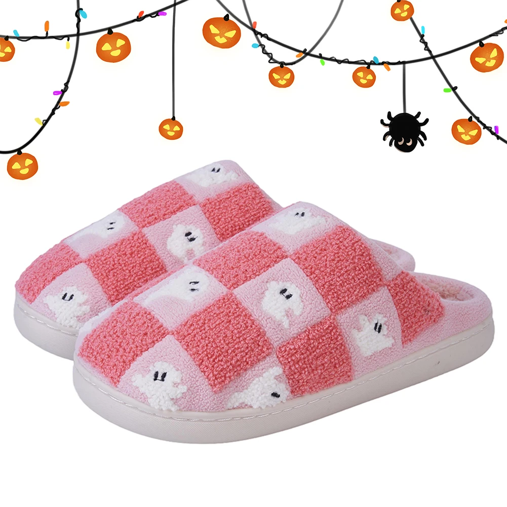 

Ghost Checkered Plush Slippers Flat Thermal Slippers Comfortable Thermal Closed Toe Slippers Non-Slip for Indoor Bedroom