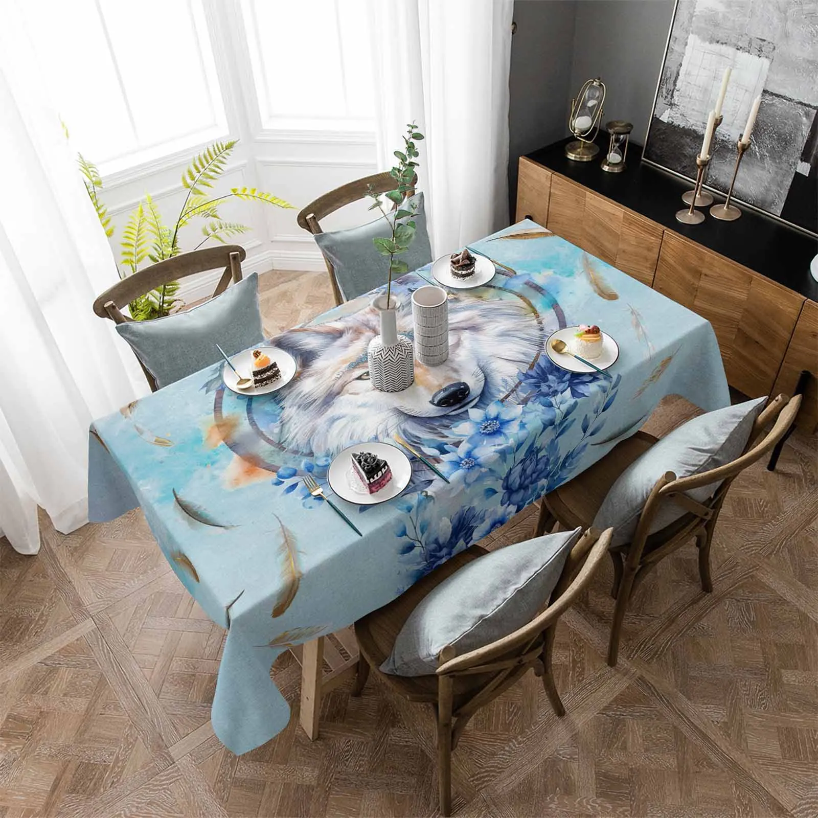 Watercolor Wolf Flower Feather Snowflake Blue Anti-scalding Waterproof Tablecloth Rectangular Round Table Cover Furnishings