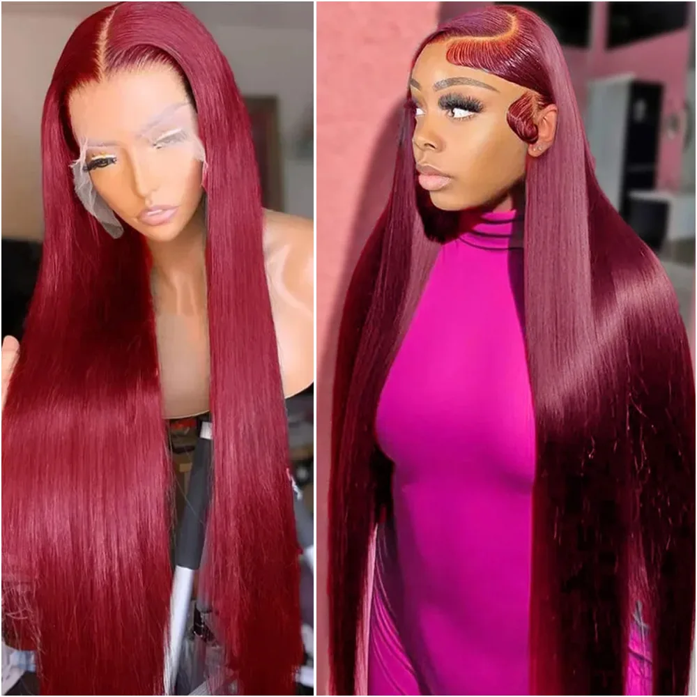 

99J Бордовый парик из натуральных волос, прямой, с кружевной передней частью, 40 дюймов, 13x6 HD кружевной фронтальный парик, красный цвет, бразильские волосы, плотность 200%, для женщин