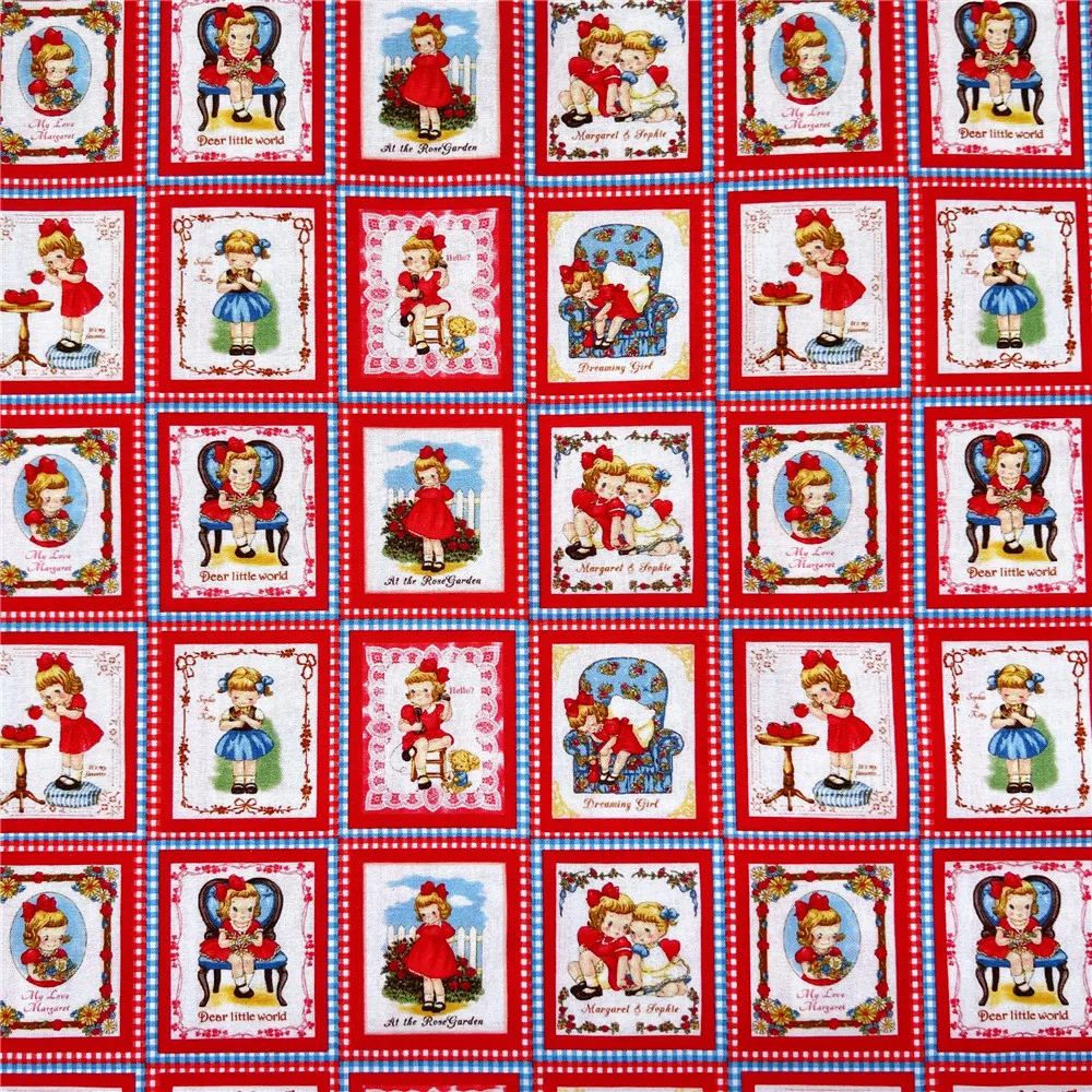 vintage Retro RED little girl 100% cotton fabric ,Patchwork Cloth,DIY Sewing Quilting Material For Baby skirt clothes