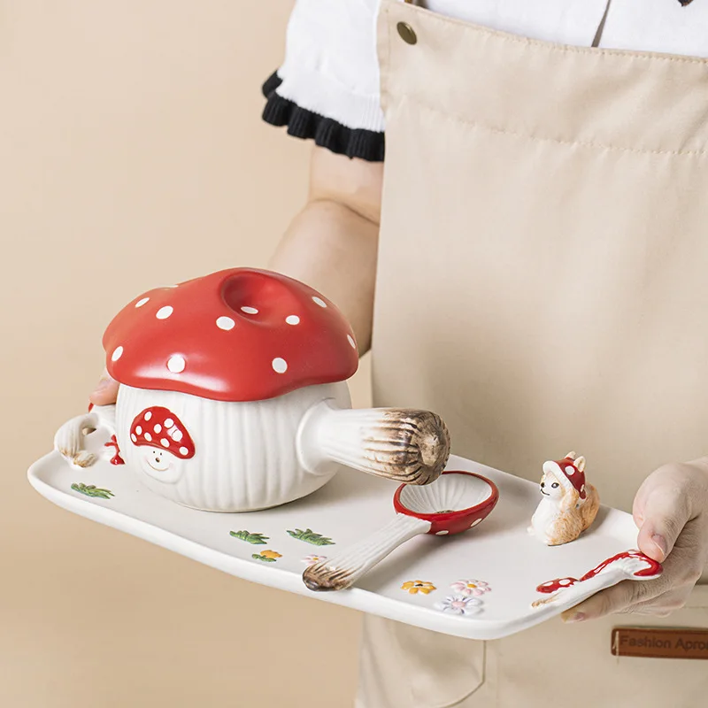 Creative Cartoon Cute Girl Heart Red Mushroom Ceramic Tableware Single Handle Bowl Soup Pot Breakfast Plate