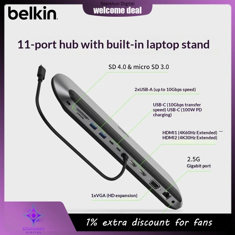 حامل محطة إرساء سطح المكتب 11 في 1 من Belkin متعدد المنافذ لأجهزة الكمبيوتر المحمولة Apple وMacBooks يدعم توسيع عالي الدقة ثلاثي الشاشات #1