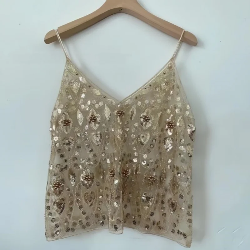 Women's Hot Sweet Sequin Bead Crop Tops Sexy Sling Slim Fit Short V-neck Straight Tank Top Korean Fashion Y2k Clothing image 4