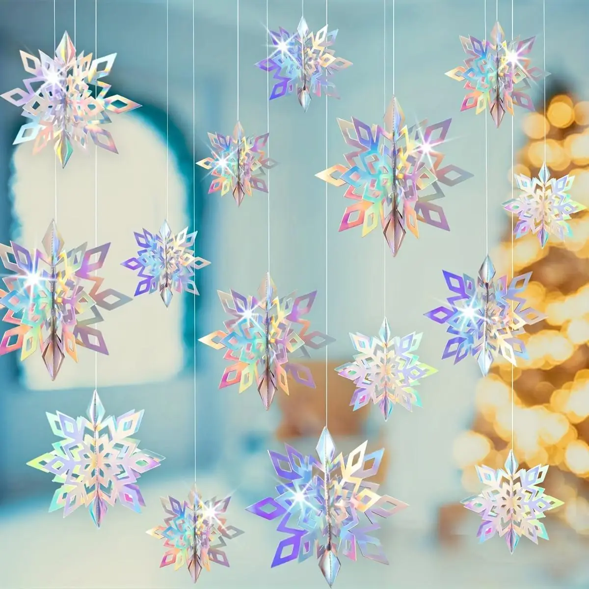 6/12/18pcs Iridescent 3D Paper Snowflake Garland Christmas decorations Winter Wonderland Frozen Themed Party Hanging Decorations view 2