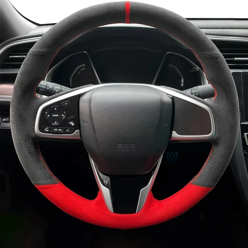 For Honda Civic Civic 10 2016-2021 CRV CR-V 2017-2021 Clarity 2016 Hand-Stitched Black Suede Red Suede Car Steering Wheel Cover