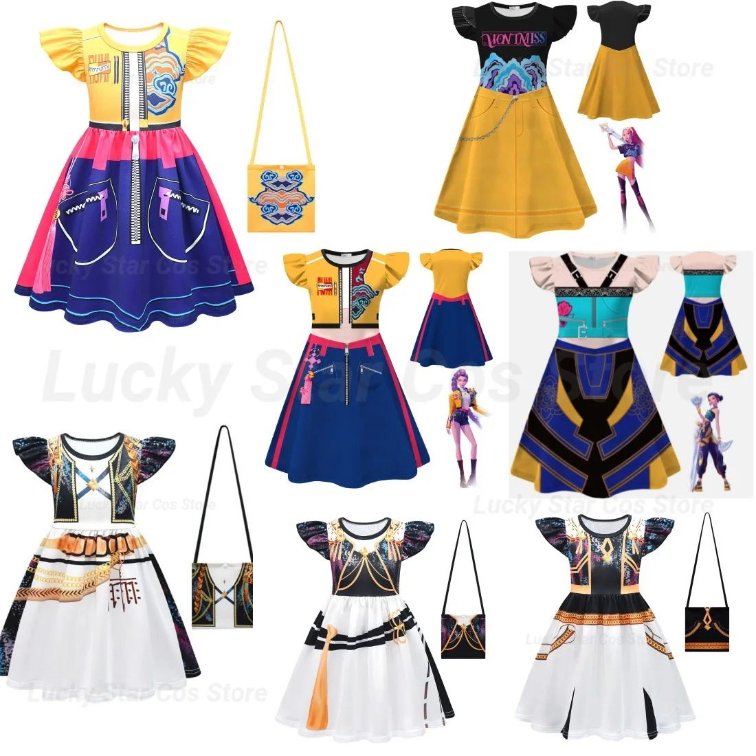 

Movie K-Pop Rumi Cosplay Costume Halloween Carnival Rumi Hunters 3D Printed Pattern Yellow Blue Flying Sleeve Dress Up for Girl