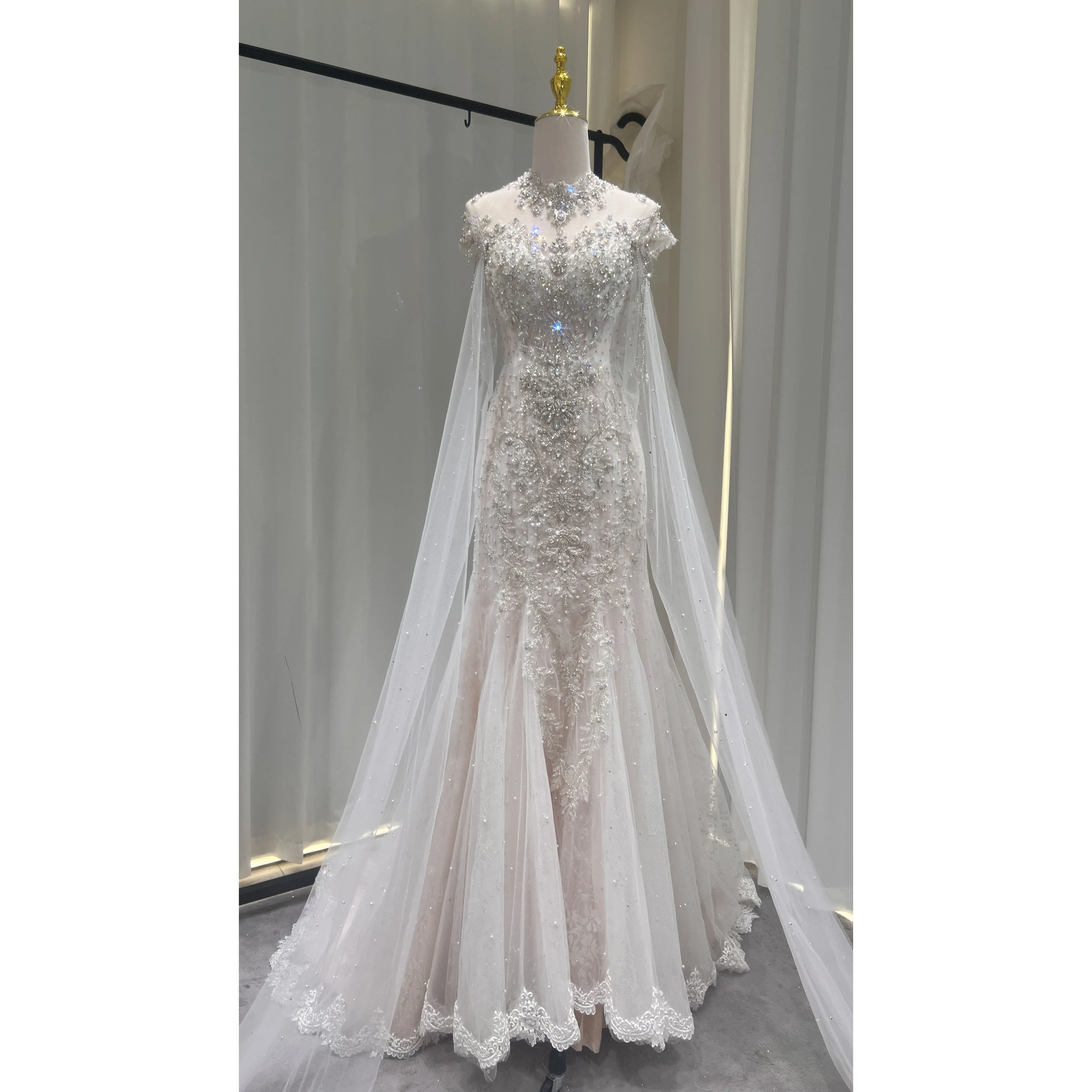 Exquisite Mermaid Wedding Dress Ivory with Blush Major Beading with Crystal Mermaid Bridal Gowns with Detachable Train Long