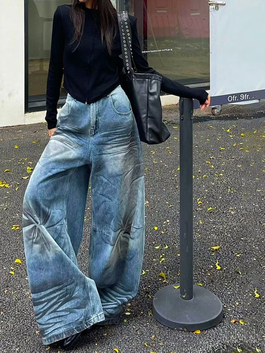 

Джинсовые брюки в стиле ретро в американском стиле Craed High Street, женские свободные прямые широкие брюки, индивидуальный дизайн, Sensation